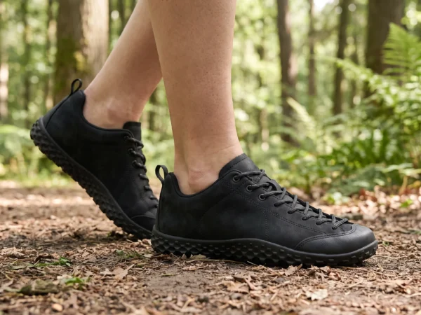 wide toe box barefoot hiking sneakers in black, worn on foot on a forest trail, soft daylight lifestyle photo
