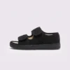 Side profile of black AZEKA adjustable strap linen sandals showing thick sole and hook-and-loop straps