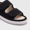 Close-up of the open toe and front strap of black AZEKA adjustable strap linen sandals