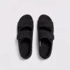 Top view of a pair of black AZEKA adjustable strap linen sandals showing two hook-and-loop straps and linen footbed