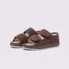Pair of coffee brown AZEKA adjustable strap linen sandals, front 45 degree view, thick cushioned sole on light gray background