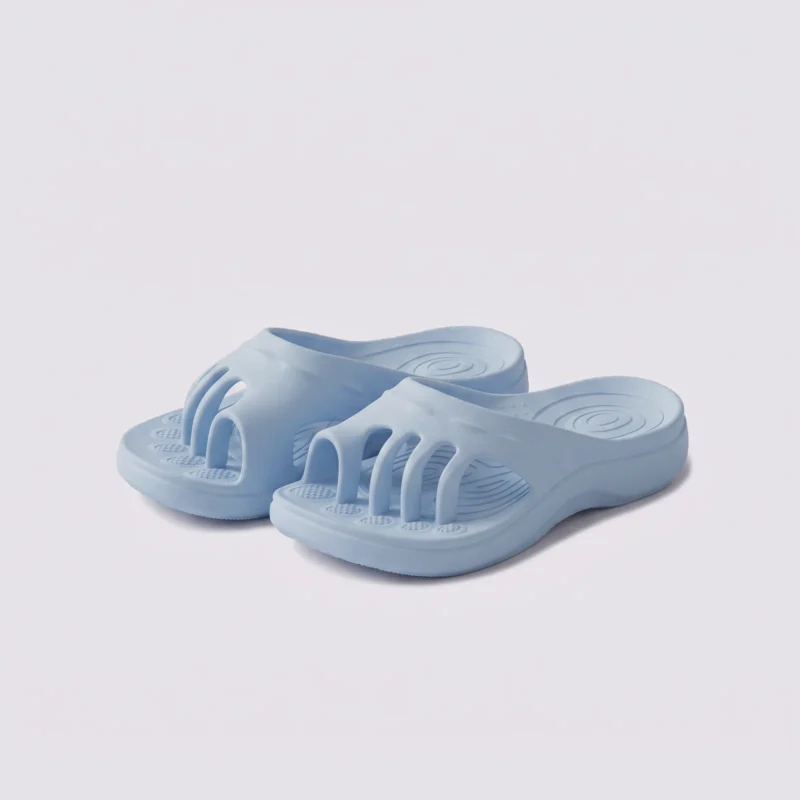 toe separator arch support slide sandals for women - open-toe cushioned platform in blue, front 45-degree view of the pair on a light gray background
