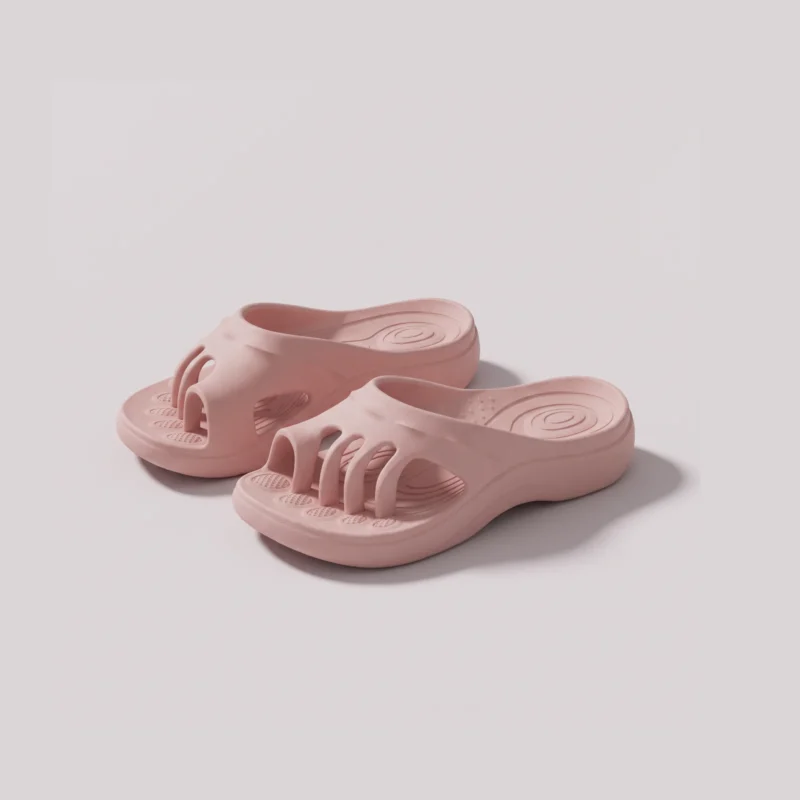 toe separator arch support slide sandals for women - open-toe cushioned platform in pink, front 45-degree view of the pair on a light gray background