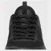 Closure detail of black trail running shoes showing lacing system