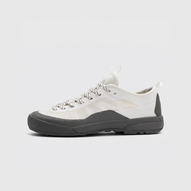 Men's low-top breathable trail running shoes in white, left side profile view