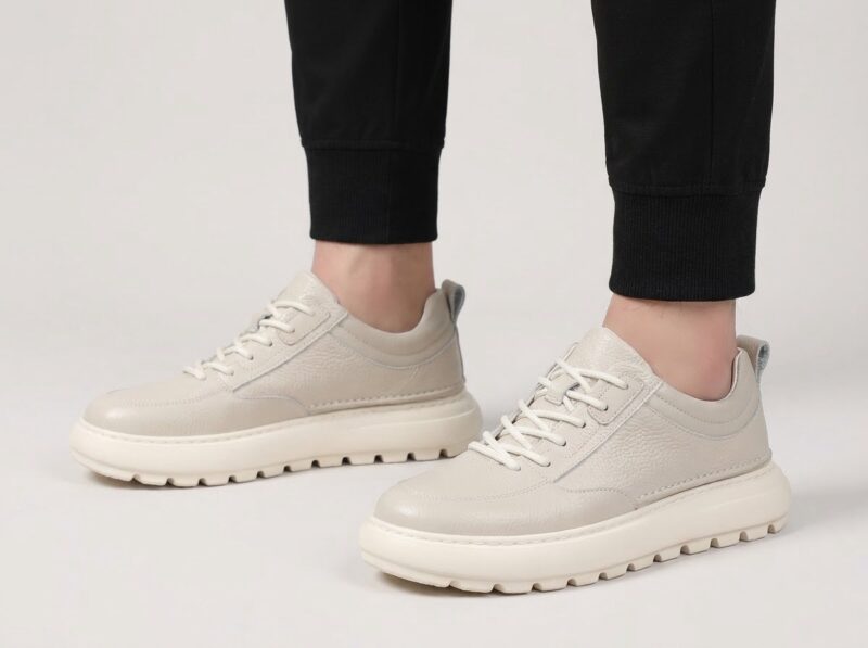 Menu2019s leather casual sneakers worn with casual trousers, side view