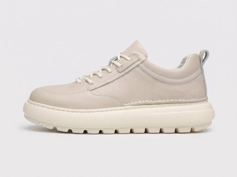 Menu2019s leather casual sneaker in beige, left side profile view