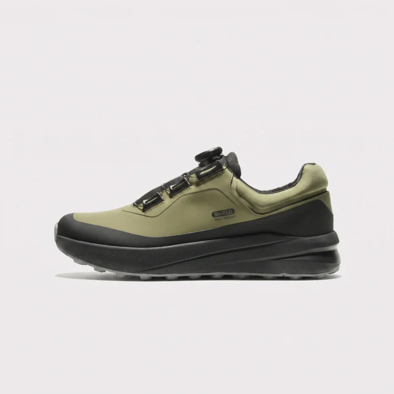 boa closure hiking sneakers in khaki, left side profile view on a light gray background