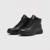 Black high-top leather boots, front 45 degree view