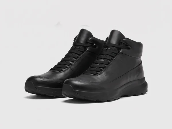 Black high-top leather boots, front 45 degree view