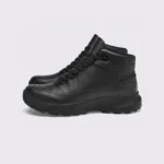 Black high-top leather boots, left side profile view