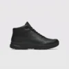 Black high-top leather boots, right side profile view