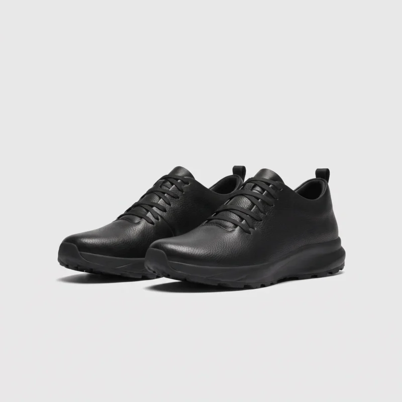 Waterproof leather hiking sneakers - black litchi grain front 45 degree pair view