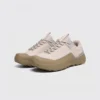 Men's waterproof trail running shoes in beige gold, front 45 degree view