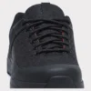 Closure detail of black waterproof trail running shoes showing lacing system