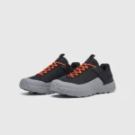 Men's waterproof trail running shoes in black gray, front 45 degree view