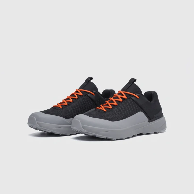 Men's waterproof trail running shoes in black gray, front 45 degree view