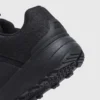 Heel detail of black waterproof trail running shoes showing reinforced support