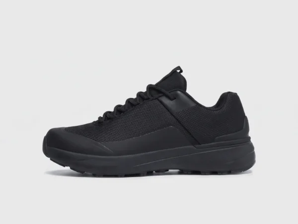 Men's waterproof trail running shoes in black, left side profile view