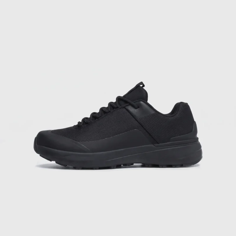 Men's waterproof trail running shoes in black, left side profile view