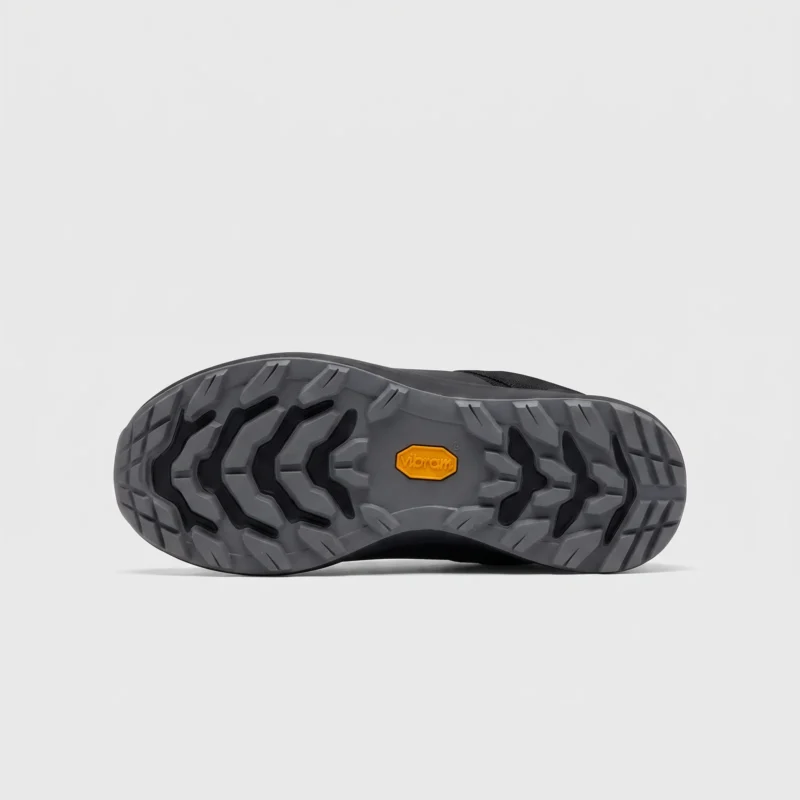Anti-slip lugged rubber outsole of black waterproof trail running shoes