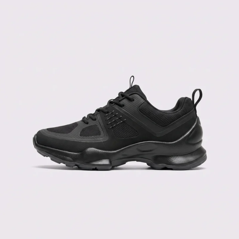 breathable mesh running sneakers lightweight chunky sole casual outdoor shoes in black, left side profile view on a light gray background