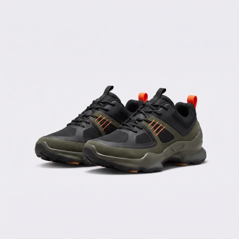 breathable mesh running sneakers lightweight chunky sole casual outdoor shoes in green, front 45-degree view of the pair on a light gray background