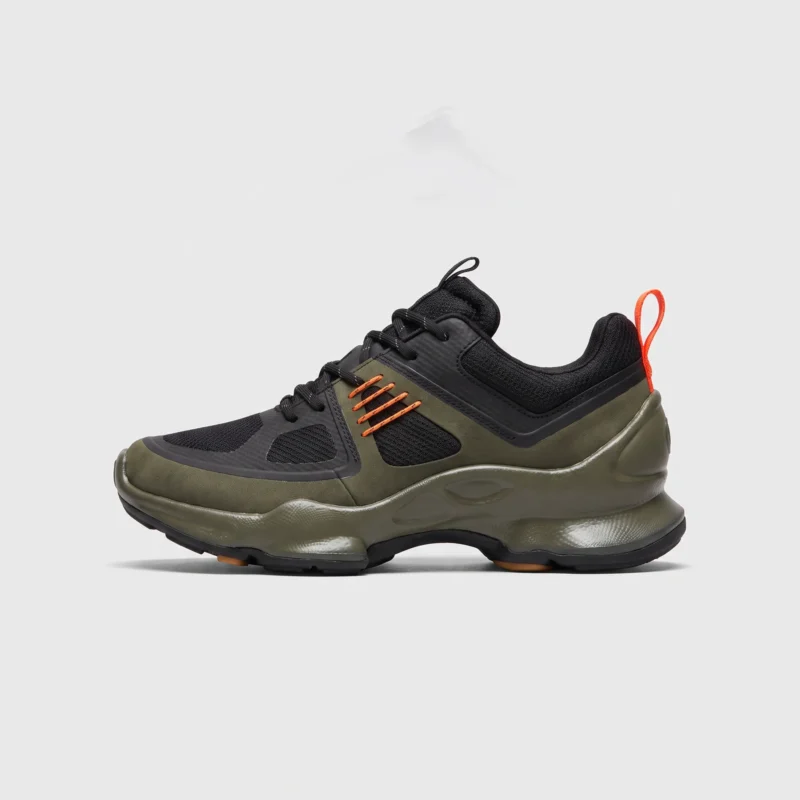 breathable mesh running sneakers lightweight chunky sole casual outdoor shoes in green, right side profile view on a light gray background
