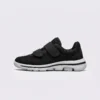 Side profile of black breathable wide fit walking shoes with double hook-and-loop straps