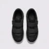 Top view of a pair of black wide fit walking shoes showing dual hook-and-loop straps