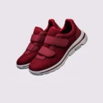 Wine red breathable wide fit walking shoes with hook-and-loop straps, front 45 degree view