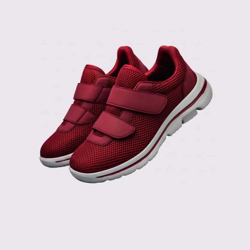 Wine red breathable wide fit walking shoes with hook-and-loop straps, front 45 degree view