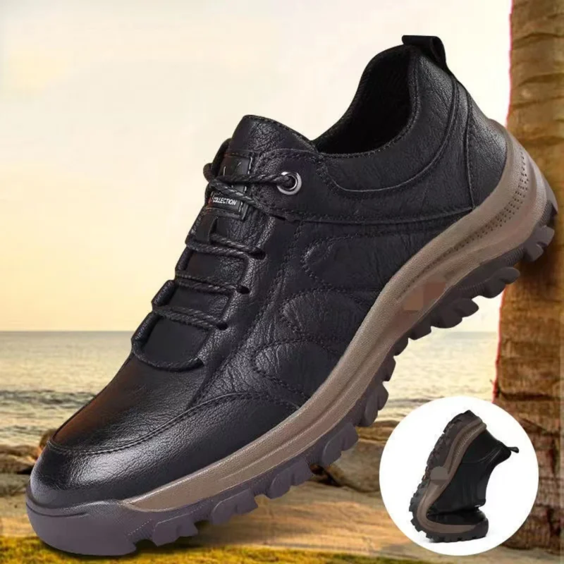 british style leather outdoor hiking shoes casual anti-slip sneakers in black, front 45-degree view of the pair on a light gray background