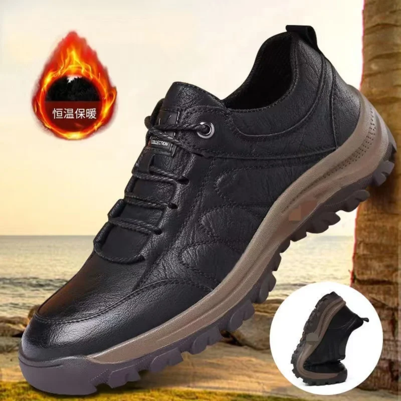 british style leather outdoor hiking shoes casual anti-slip sneakers in black, front 45-degree view of the pair on a light gray background