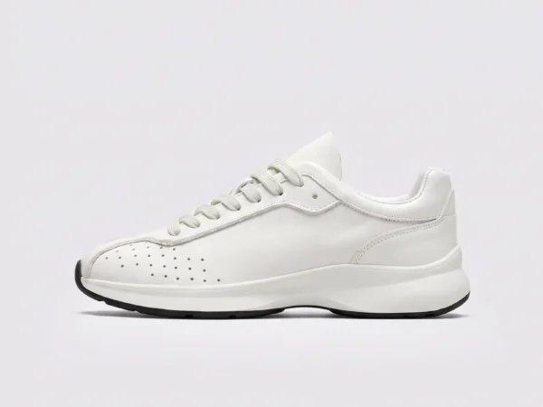 cream leather chunky lace-up dad sneakers in cream, left side profile view on a light gray background