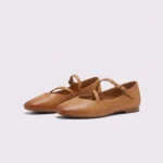 Pair of apricot AZEKA French-retro single-strap Mary Jane flats, soft flat sole, front 45 degree view on light gray background