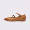 Side profile of apricot AZEKA Mary Jane flats showing low vamp and slender strap line