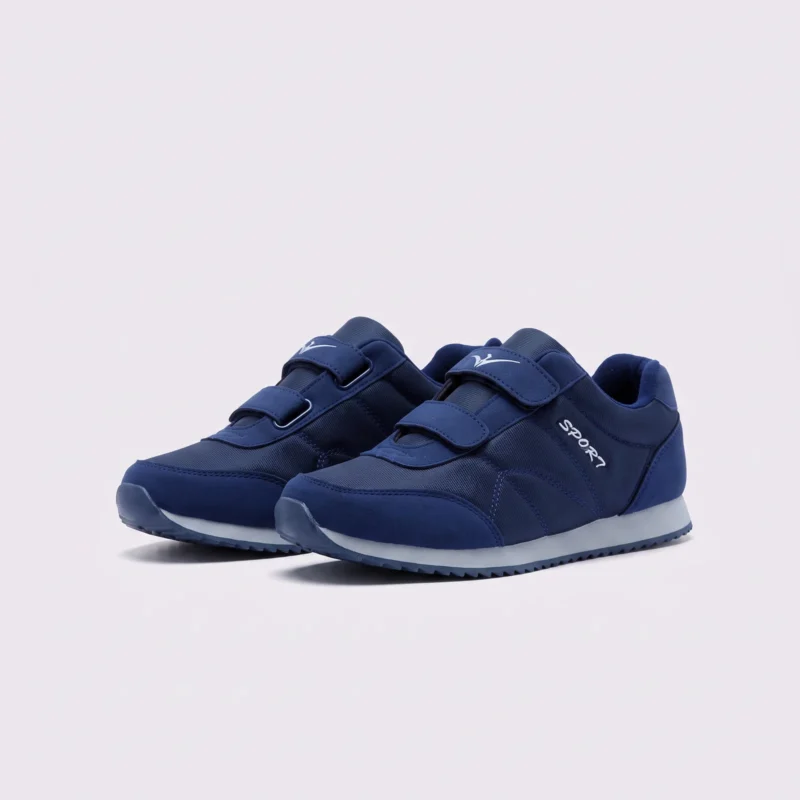 cushioned walking sneakers hook-and-loop slip-on non-slip comfort shoes in blue, front 45-degree view of the pair on a light gray background