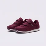 cushioned walking sneakers hook-and-loop slip-on non-slip comfort shoes in burgundy, front 45-degree view of the pair on a light gray background