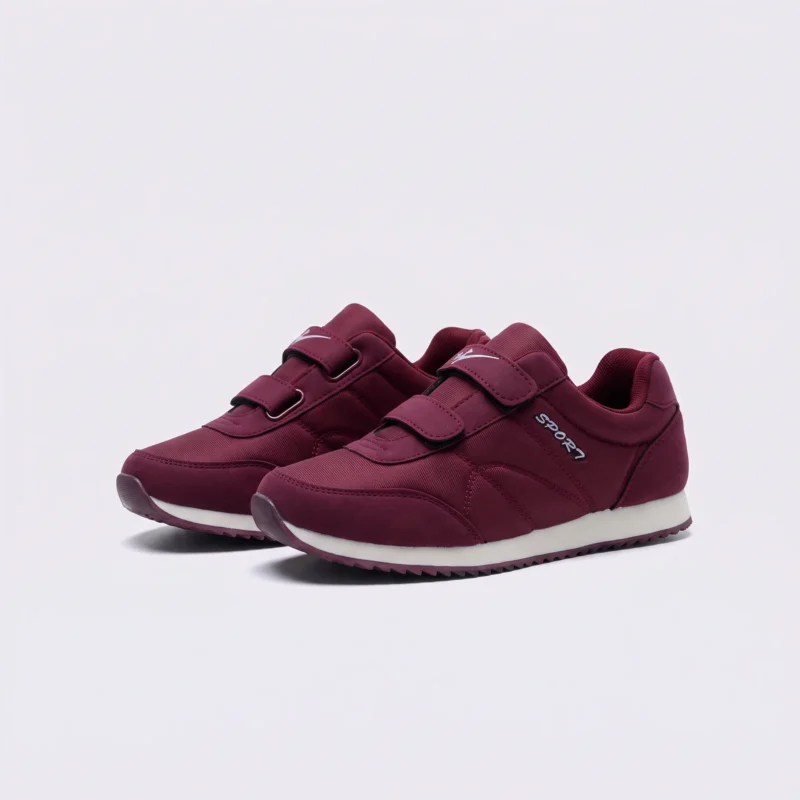 cushioned walking sneakers hook-and-loop slip-on non-slip comfort shoes in burgundy, front 45-degree view of the pair on a light gray background