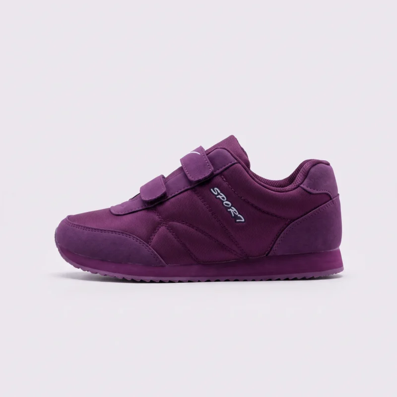 cushioned walking sneakers hook-and-loop slip-on non-slip comfort shoes, left side profile view on a light gray background