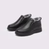 Pair of black AZEKA fleece-lined slip-on winter shoes with gray plush collar and thick cushioned sole, front 45 degree view on light gray background