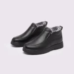 Pair of black AZEKA fleece-lined slip-on winter shoes with gray plush collar and thick cushioned sole, front 45 degree view on light gray background