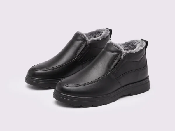 Pair of black AZEKA fleece-lined slip-on winter shoes with gray plush collar and thick cushioned sole, front 45 degree view on light gray background