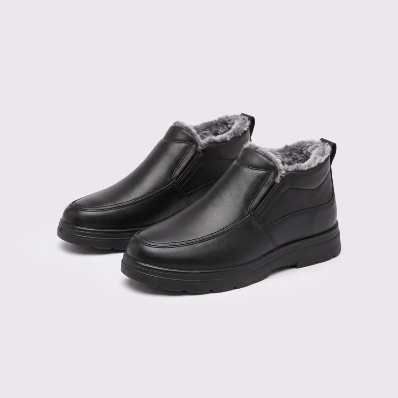 Pair of black AZEKA fleece-lined slip-on winter shoes with gray plush collar and thick cushioned sole, front 45 degree view on light gray background
