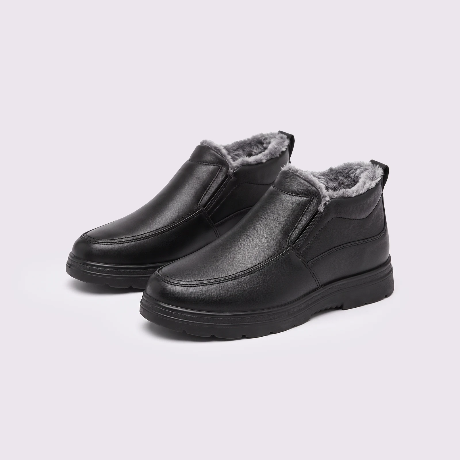 Pair of black AZEKA fleece-lined slip-on winter shoes with gray plush collar and thick cushioned sole, front 45 degree view on light gray background