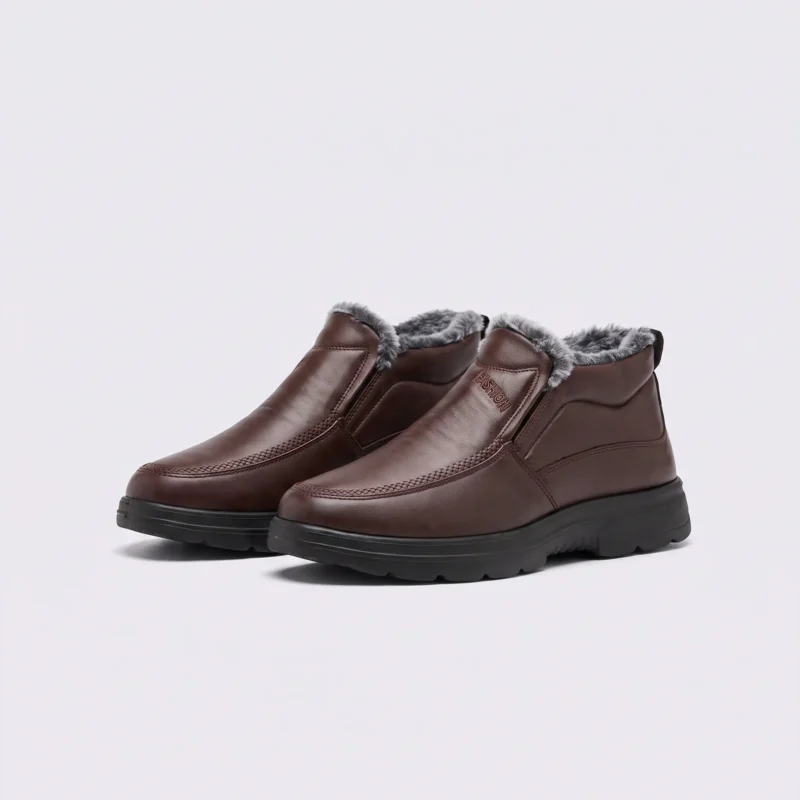 Pair of coffee brown AZEKA fleece-lined slip-on winter shoes with gray plush collar and thick cushioned sole, front 45 degree view on light gray background