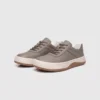 genuine leather casual sneakers breathable chunky sole in gray, front 45-degree view of the pair on a light gray background