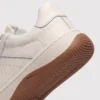 genuine leather casual sneakers breathable chunky sole in white, close-up view of the heel on a light gray background