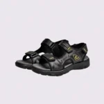 genuine leather men's beach slide sandals - soft sole thick platform outdoor wading slides in black, front 45-degree view of the pair on a light gray background
